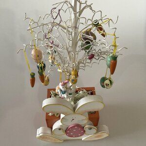 VINTAGE EASTER TREE WOOD BUNNY WITH MINIATURE WOODEN ORNAMENTS